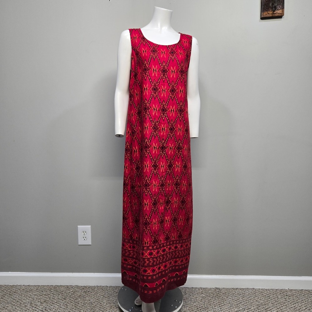 VTG 90s Style & Co‎ 100% Linen Maxi Shift Dress Size 10 Red Southwestern Aztec